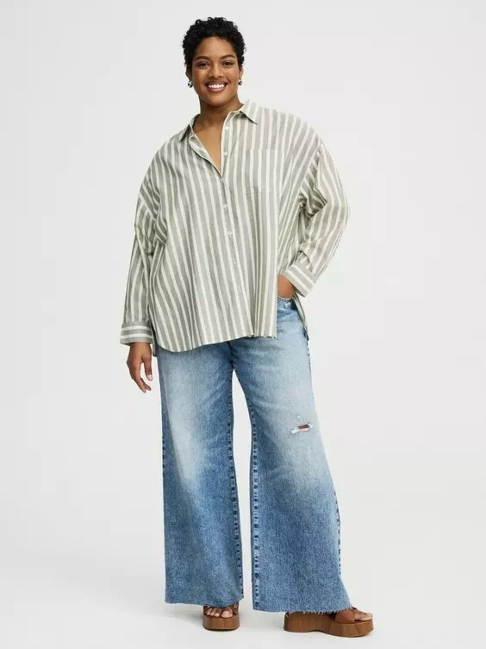 TORRID Plus Size Oversized Drop Shoulder Button Up Shirt Tori Stripe Olivine NWT